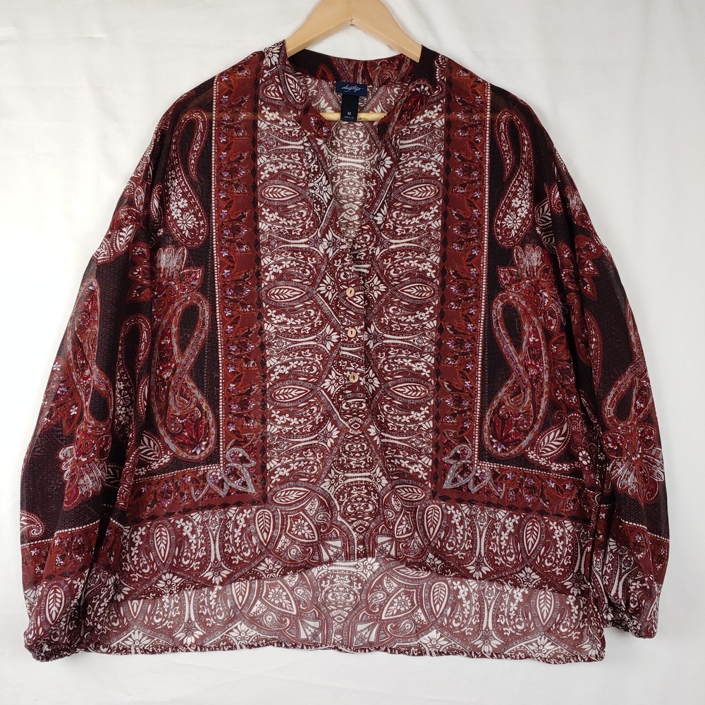Daytrip Top Women M Red Paisley Long Sleeve 1/2 Button Shear Tunic Pullover Boho